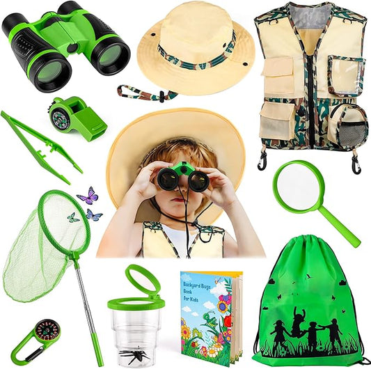 INNOCHEER Kids Explorer Kit & Bug Catcher Kit & Safari Costume Kit, Outdoor Exploration Set with Hat, Vest, Butterfly Net and Bugs Book for Boys Girls 3-12 Years Old (Camouflage Green)-CubbioJoy