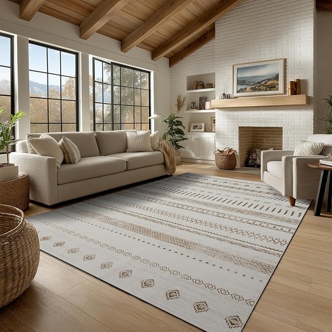 9x12 Area Rug Living Room Rugs, Boho Stain Resistant Washable Rug, Vintage Large Non-Slip Backing, Low Pile Lightweight Print Rug for Bedroom Dinning Room Home Office (Beige)-CubbioJoy