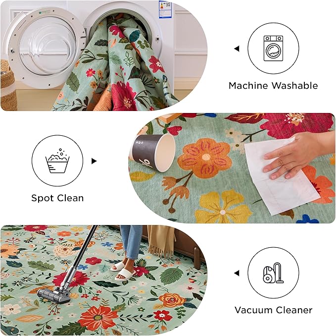 3x5 Area Rug, Floral Green Washable Rug for Entryway, Non Slip Flower Area Rugs, Soft Low Pile Indoor Doormat Small Carpet, Rugs for Living Room Bedroom Nursery Kitchen Dining Room, Sage Green-CubbioJoy