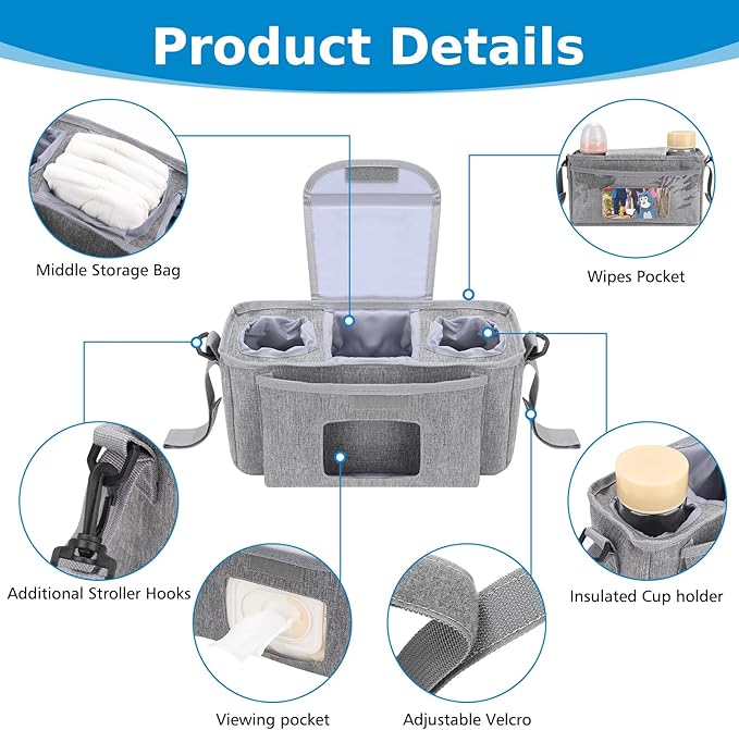 Accmor Universal Stroller Organizer with Insulated Cup Holder and Shoulder Strap, Stroller Bag Caddy Organizer Stroller Accessories for Uppababy, Baby Jogger, Nuna, Doona, Britax Strollers-CubbioJoy