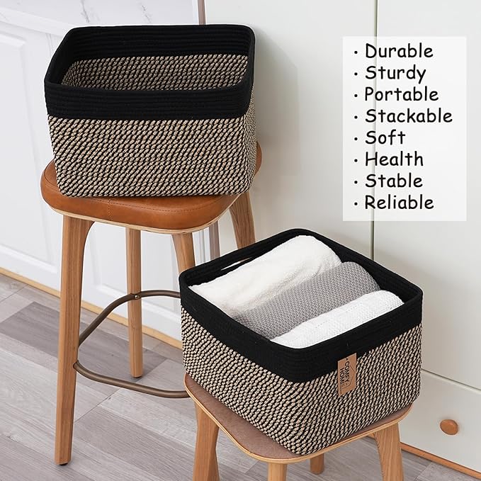 COMFY-HOMI Cotton Rope Woven Basket with Handles for Shelves,Toys,Book, Cloth Storage Baskets Bin for Organizing-13.5"x11"x9.5" Toy Decorative Organizer for Living Room, Bathroom-Black/Jute-CubbioJoy