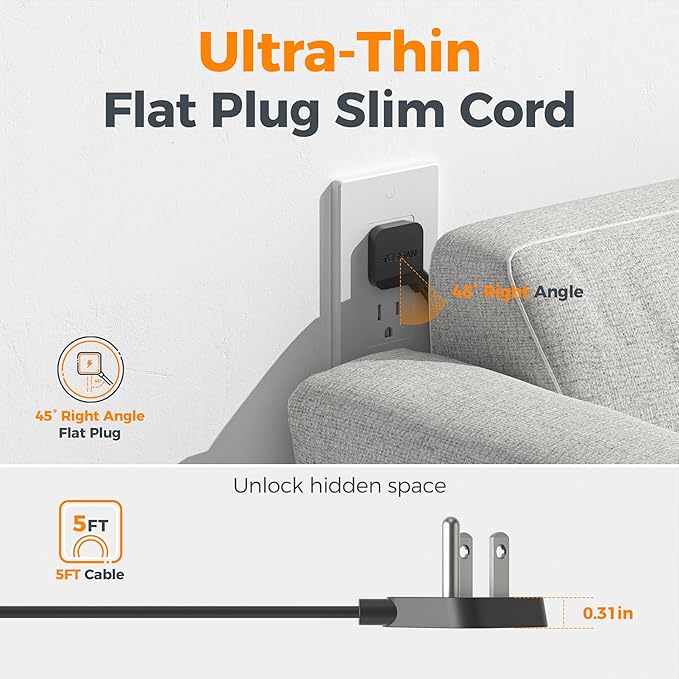 Black Extension Cord 5 Ft, TESSAN Flat Surge Protector Power Strip with 4 Wide Spaced AC Outlets 3 USB Ports (1 USB C), Ultra Thin Flat Plug with 900J Surge Protection, Office Dorm Room Essentials-CubbioJoy