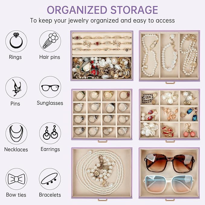 AKOZLIN 6-Tier Jewelry Box Organizer Functional 5 Drawers Leather Jewelry Storage Case for Women Girls Ring Necklace Earring Bracelet Holder Organizer with Mirror Violet-CubbioJoy