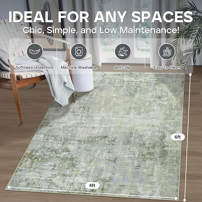 4x6 Area Rugs for Living Room Rug Washable: Modern Large Rug for Dining Room Bedroom Carpet Non Slip Low Pile 4 by 6 Indoor Abstract Nursery Home Office Green-CubbioJoy