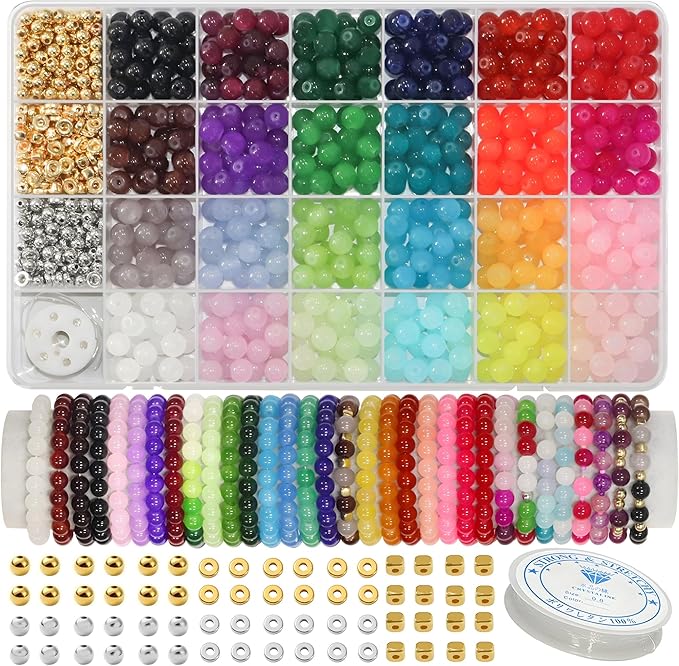 JULIMAIDONG 8mm Glass Beads for Bracelets 1000pcs, 24 Colors Round Crystal Glass Bracelet Beads Making Kit for Jewelry Making Kits Bead DIY Crafts with Spacer Charms Accessories (8MM, 24 Color)-CubbioJoy