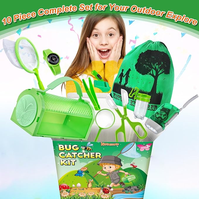 Bug Catcher Kit & Outdoor Explorer Kit for Kids, 10 Pcs Bug Catching Kit with Toy Cage, Backpack, Flashlight, Manifying Glass, Toy Net, Outdoor Exploration Toys Gift for Boys Girls 3-12-CubbioJoy