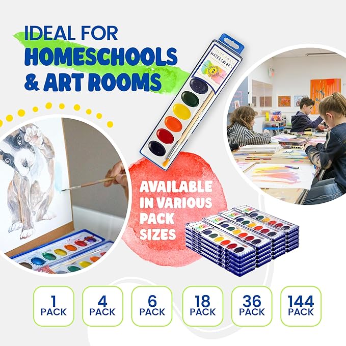 Color Swell Washable Bulk Watercolors, 18 pack, 8 Colors, Wood Brush, Classroom Bulk Pack - Bulk Watercolors-CubbioJoy