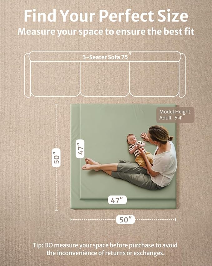 Blissful Diary Vegan Leather Baby Play Mat, 50x50 Thicken Foam Cushioned & Waterproof Playpen Mat for Infants and Toddlers, Stylish and Just Wipe-Clean Playmat for Baby Play on Floor, Light Green-CubbioJoy