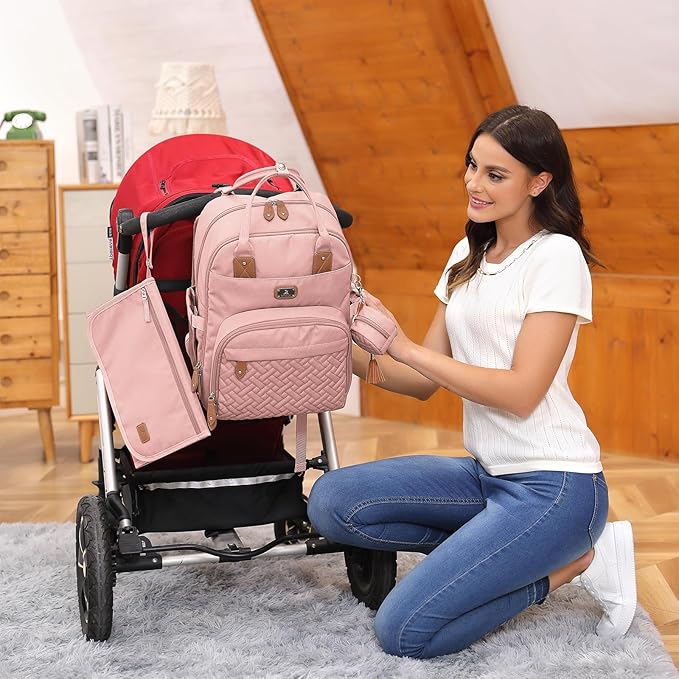 Dikaslon Diaper Bag Backpack with Portable Changing Pad, Pacifier Case and Stroller Straps, Large Unisex Baby Bags for Boys Girls, Multipurpose Travel Back Pack Moms Dads, Pink-CubbioJoy