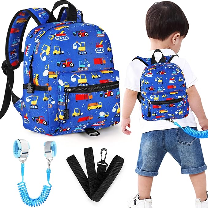Accmor Toddler Backpack Leash with Anti Lost Wrist Link, Cute Mini Child Walking Harnesses Keep Kids Close Back Pack Rope Tether Rein for Baby Boys (Blue/Excavator)-CubbioJoy