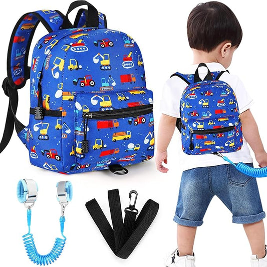 Accmor Toddler Backpack Leash with Anti Lost Wrist Link, Cute Mini Child Walking Harnesses Keep Kids Close Back Pack Rope Tether Rein for Baby Boys (Blue/Excavator)-CubbioJoy