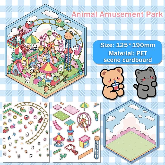 5 Set 3D Scene Stickers DIY 3D House Stickers -Fun DIY Stickers Scene Make Your Own clothing store Shop Amusement park for Adult Kids-Make Your Own Stickers-Cute Cartoon Sticker Scenes for Adults Kids-CubbioJoy