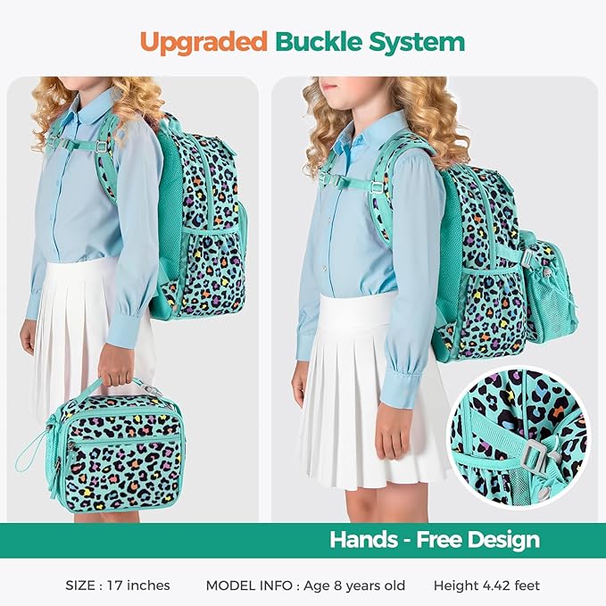 Choco Mocha Panda Backpack for Girls, Elementary School Backpack for Girls Ages 6-8 Kids Kindergarten Backpack Bookbag 17 Inch with Chest Strap, Teal-CubbioJoy