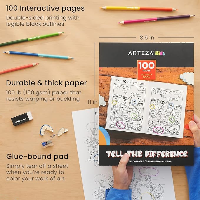 Arteza Kids Activity Book, Spot The Difference Book, Back to School Supplies for Ages 6 and Up, 50 Sheets, 12 Double-Ended Colored Pencils, Black Marker, Eraser, Sharpener-CubbioJoy