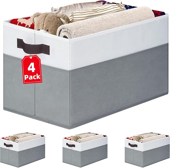 Criusia 4 Pack Large Storage Baskets for Shelves | Fabric Closet Organizers and Storage Bins with Handles Home Organization | Decorative Collapsible Baskets for Organizing Clothes Toy Nursery 14"x10"-CubbioJoy