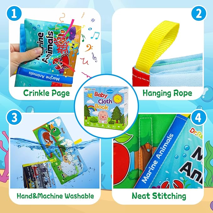 Dr.Rapeti Soft Cloth Books Baby Books Bath Books 8-Pack for Baby Infant Toddler Kid Crinkle Washable Chewable Early Educational Preschool Learning Giftable-CubbioJoy