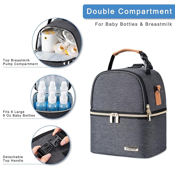 Breastmilk Cooler Bag with Ice Pack Fits 6 Baby Bottles up to 9 Ounce, Breastmilk Pump Cooler Bag with Shoulder Strap for Nursing Mom Daycare, Work, Travel- Grey-CubbioJoy