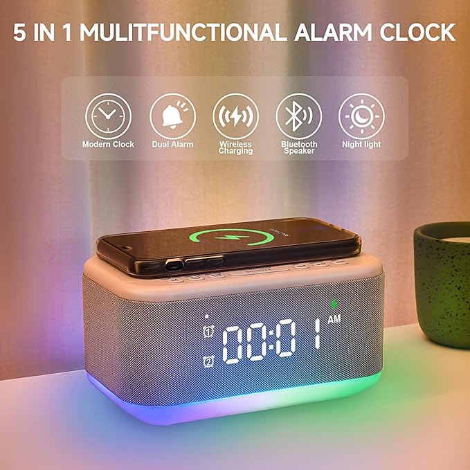 Alarm Clock Speaker Wireless Charger, Digital Alarm Clocks Bedrooms Bluetooth, Alarm Clock Dimmable Light Bedrooms Dual Alarm Snooze Dimmer 12 24H RGB Night Light Bluetooth USB AUX, Gray-CubbioJoy