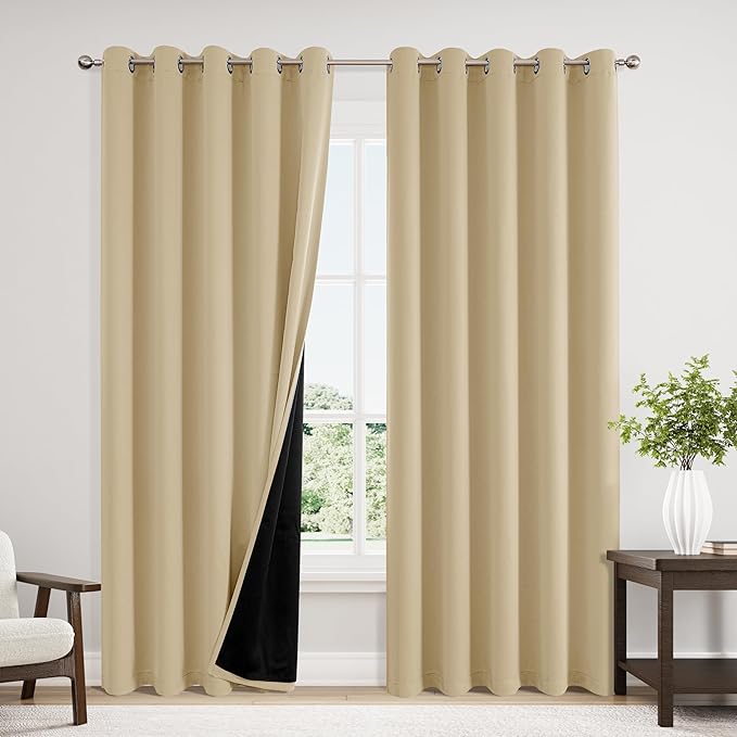 ChrisDowa 100% Blackout Curtains 84 inch Long for Bedroom with Black Liner, Extra Wide 2 Thick Layers Total Blackout Thermal Insulated Grommet Window Curtains 2 Panels Set (Beige, 60 x 84 Inch)-CubbioJoy