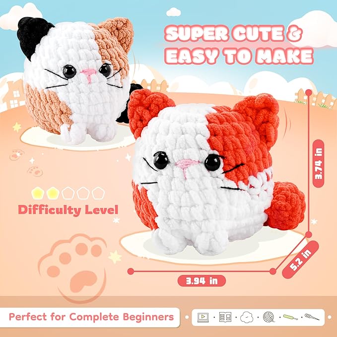 Cat Crochet Kit for Beginners-2PCS Calico Cats Crochet Kits for Adults Kids, Crochet Starter Kit with Step-by-Step Video Tutorials,Crochet Animal Kits Knitting Kit Learn to Crochet Kits-CubbioJoy