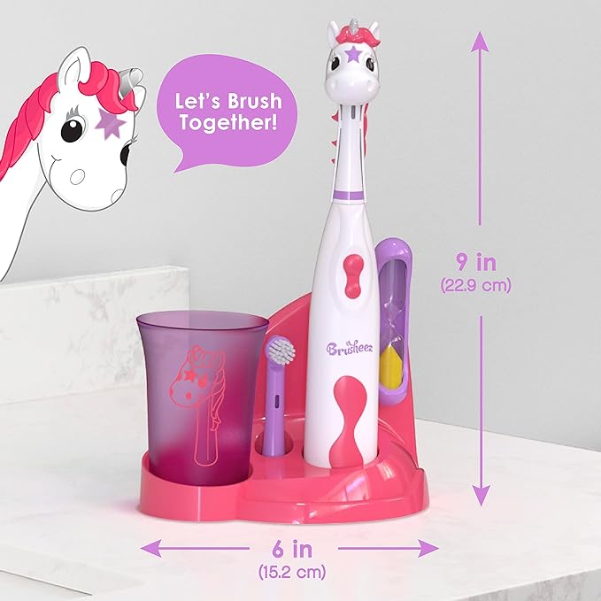 Brusheez Kids’ Electric Toothbrush Set - Safe & Effective for Ages 3+ - Parent Tested & Approved with Gentle Bristles, 2 Brush Heads, Rinse Cup, 2-Minute Timer, & Storage Base (Sparkle The Unicorn)-CubbioJoy