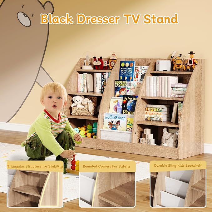 4 Tier Kids Bookshelf, 4 Layer Sling Kids Book Shelf for Kids Rooms, XXL Wood Children Bookcase,Baby Storage Book Rack,Toddler Bookshelf, Book and Toy Organizer,Book Display Shelf Burlywood-CubbioJoy