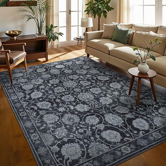 6x9 Area Rug for Living Room & Bedroom, Washable Non-Slip Vintage Distressed Rugs, Floral Soft Carpet, Low Pile Wool Carpets for Indoor Dining Home Office Playroom Under Table, Black-CubbioJoy