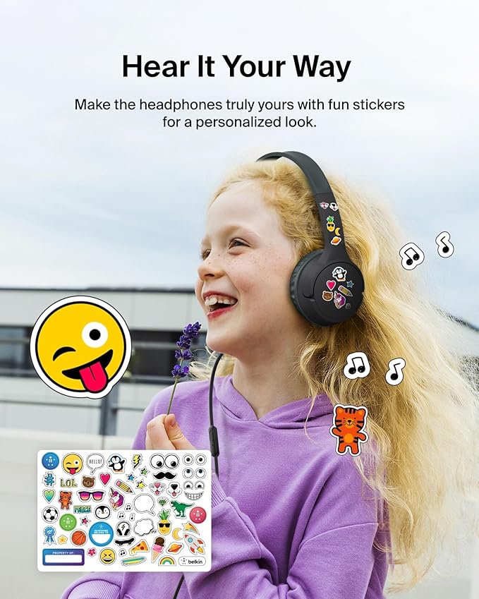 Belkin SoundForm Mini Kids Wired Headphones w/USB C to 3.5mm Dongle, Built-in Mic & Fun Stickers, 85dB Max Volume – for Online Learning, Travel, Compatible w/iPhone 16, iPad, Galaxy S25, etc - Black-CubbioJoy