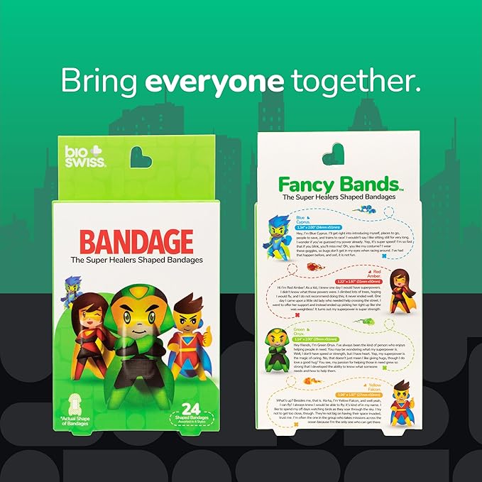 BioSwiss Bandages, Super Healers Superhero Shaped Self Adhesive Bandage, Latex Free Sterile Wound Care, Fun First Aid Kit Supplies for Kids and Adults, 24 Count-CubbioJoy