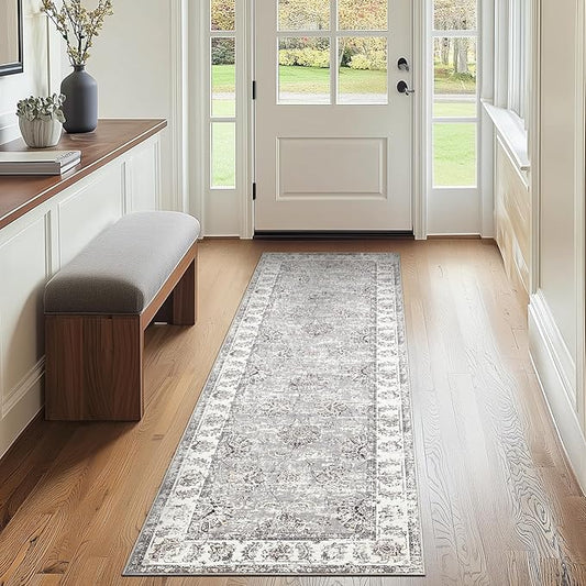 jinchan Runner Rug 2x6 Machine Washable Hallway Rug Grey Vintage Floral Print Non-Slip Low Pile Ultra-Thin for Kitchen,Entryway,Laundry Room,Bedroom,Farmhouse (2‘x6’,Grey)-CubbioJoy