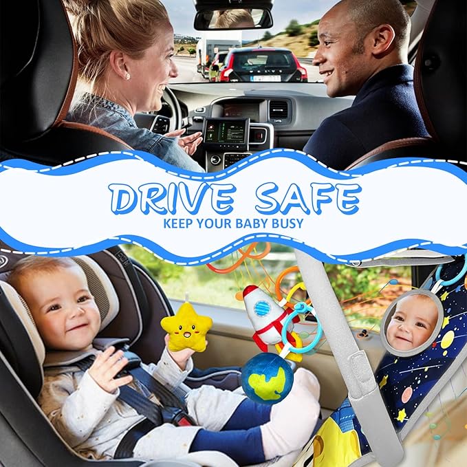 Car Seat Toys for Baby Infant 6 Months and Up, Carseat Toys with Musical Pedal Piano, Baby Mirror and Hanging Squeaky Sensory Soft Baby Toys 6 to 12 Months, Baby Car Toys Rear Facing-CubbioJoy
