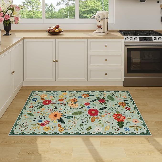 3x5 Area Rug, Floral Green Washable Rug for Entryway, Non Slip Flower Area Rugs, Soft Low Pile Indoor Doormat Small Carpet, Rugs for Living Room Bedroom Nursery Kitchen Dining Room, Sage Green-CubbioJoy