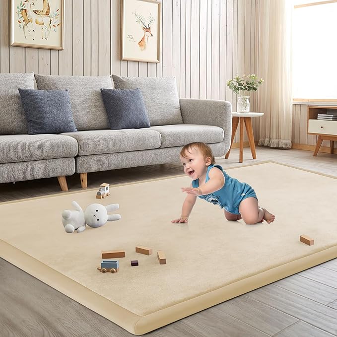 Baby Play Mat for Floor Tummy Time Mat Nursery Rug Muscle Area Playroom Rug Tatami 79"x118" Memory Foam 1.3" Thick Crawling For Babies,Toddlers, Infants, Kids,Floor(Beige)-CubbioJoy