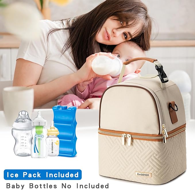 Breastmilk Cooler Bag with Ice Pack Fits 6 Baby Bottles up to 9 Ounce, Breast Milk Pump Cooler Bag with Shoulder Strap for Nursing Mom Daycare, Work, Travel- Cream-CubbioJoy