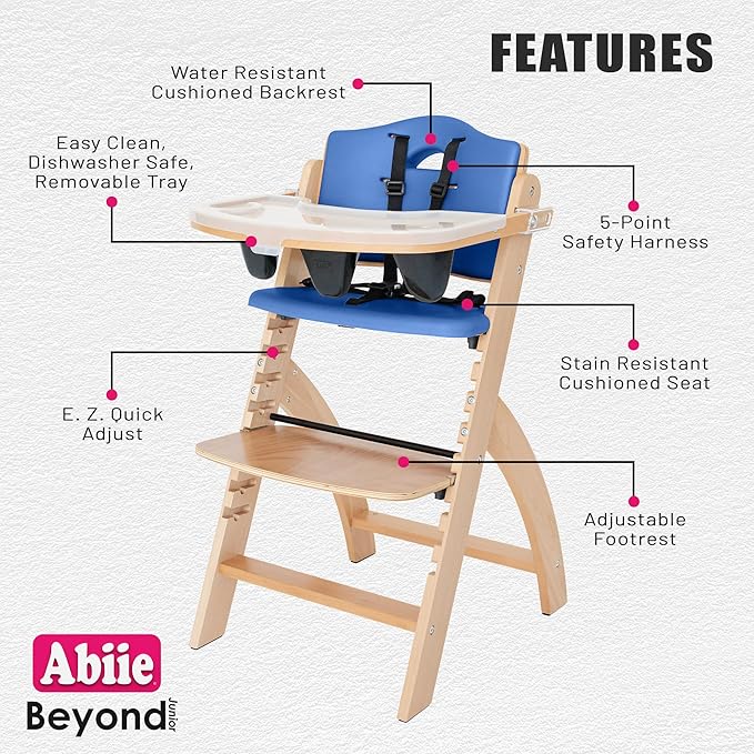 Abiie Beyond Junior Wooden High Chair with Tray - Adjustable and Convertible High Chair for Babies and Toddlers - 6 Months to 250 Lb - Water Resistant - Natural Wood/Blueberry Cushion-CubbioJoy