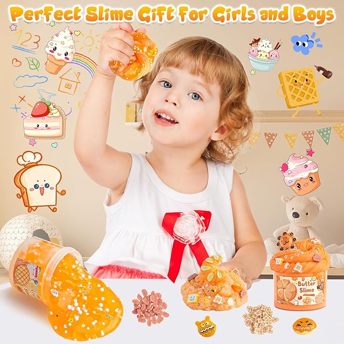 6 Packs Gradient Orange Slime Kit - Cloud Slime, Butter Slime & Clear Slime, Crunchy Slime for Kids with Various Slime Add-ins, Non Stick Slime Party Favors for Girls and Boys, 360ml Kids Slime(Bread)-CubbioJoy
