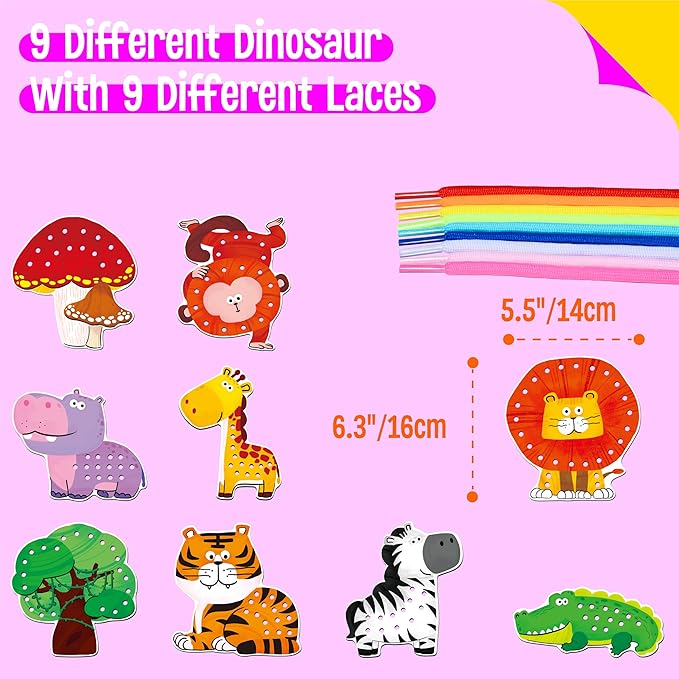 9 Pieces Lacing Cards, Double Sided Sewing Cards in 9 Jungle Animals with 9 Colorful Laces, Imagination Development Lacing Toys Games Educational and Learning Activity for Preschoolers, Kids-CubbioJoy