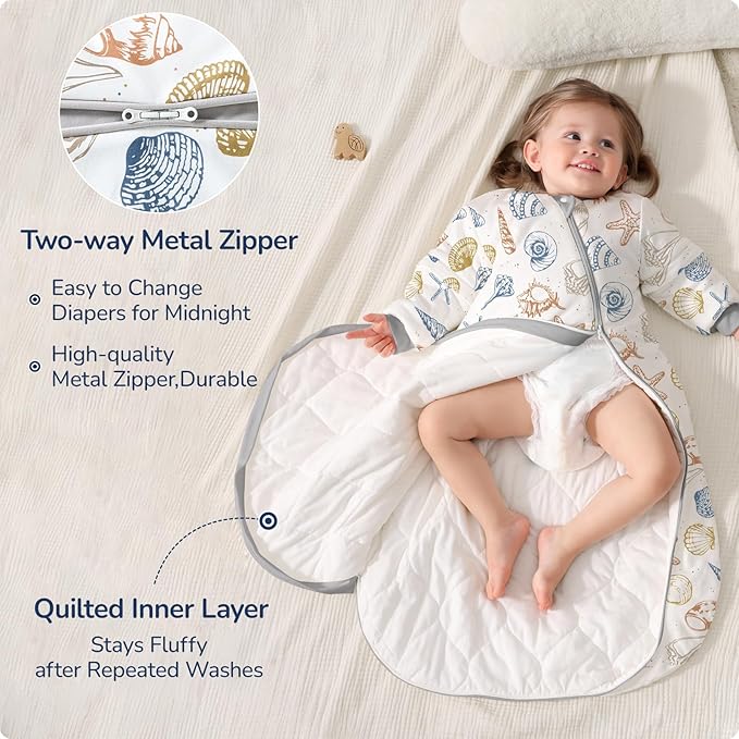 Baby Sleep Sack 12-18 Months, Cotton Detachable Long Sleeve Sleep Sack, 2.5 Tog Toddler Sleeping Sack with Temperature Strips, 2-Way Zipper Wearable Blankets for Newborns, Ocean-CubbioJoy