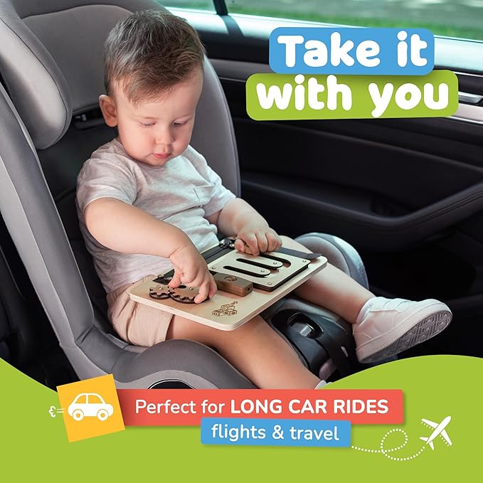 deMoca Baby Busy Board for 1 Year Old, Premium Montessori Toddler Travel Toy with Educational Activities, Sensory Travel Toys for Toddlers 1-3, Wooden Busy Board, Gift for Boy & Girl-CubbioJoy