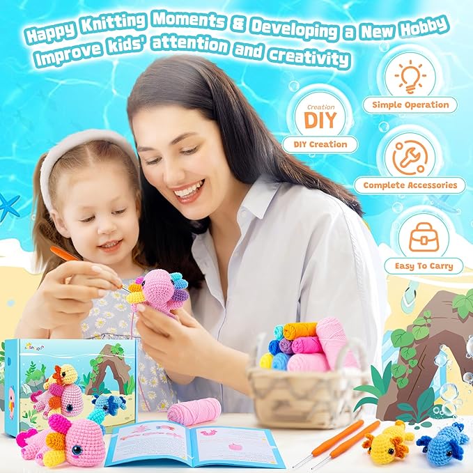 Crochet Kit for Beginners-3PCS Axolotl Crochet Kits for Adults Kids, Crochet Starter Kit with Step-by-Step Video Tutorials, Crochet Animals Kits DIY Craft Knitting Kit Learn to Crochet Kits for Adults-CubbioJoy