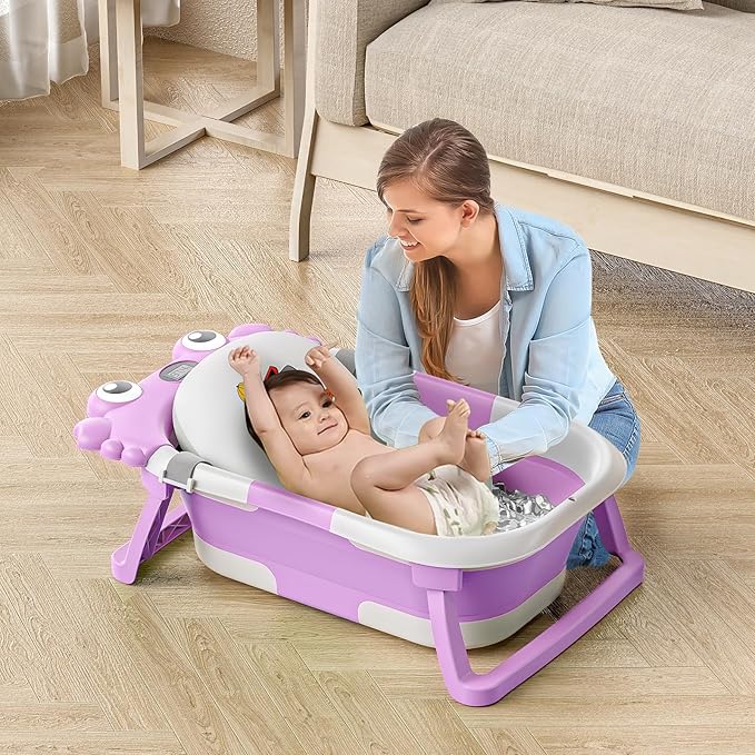 Collapsible Baby Bathtub for Infants to Toddler with Real-time Temp Monitor+Floating Cushion,Foldable Baby Bath Tub Set Applicable 0-36 Month,Portable Travel Bathtub for Newborns Girl (Purple)-CubbioJoy