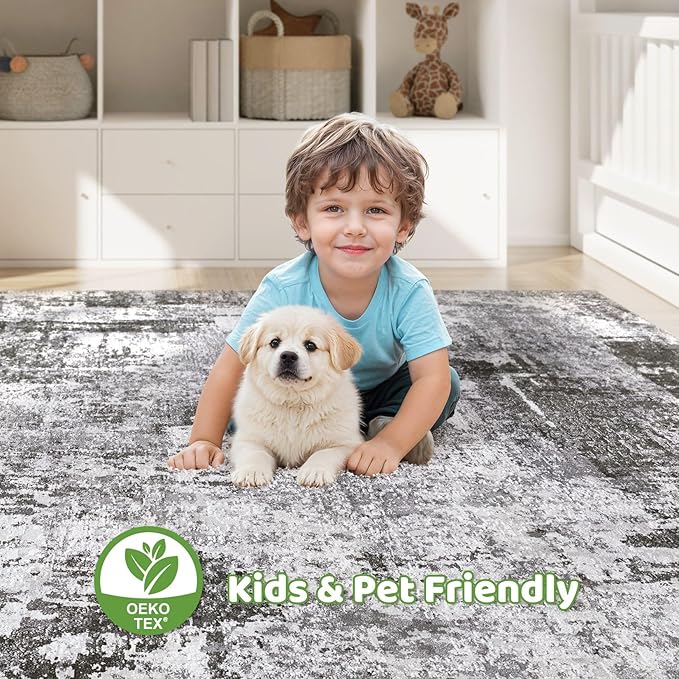 7x10 Area Rug Living Room: Washable Large Abstract Modern Soft Stain Resistant Indoor Floor Rugs Non Slip Accent Carpet for Bedroom Nursery Playroom Office Dining Room Dorm Home House- Black Grey-CubbioJoy