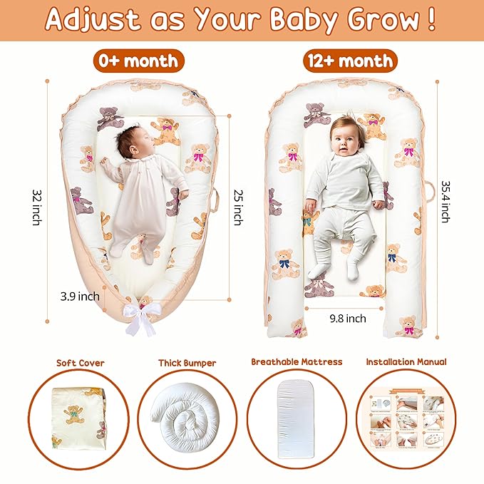 Baby Lounger - Baby Lounger for Newborn 0-24 Months, Breathable, Soft Cotton Baby Nest, Portable Infant Lounger for Home & Travel, Newborn Essentials Gift (Ivory Bear)-CubbioJoy