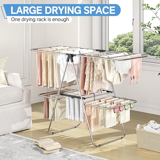 APEXCHASER Clothes Drying Rack with 4 Wings, Stainless Steel Drying Rack Clothing with Height-Adjustable, Foldable Gullwings Laundry Drying Rack, Indoor Outdoor Use, No Assembly, Black-CubbioJoy