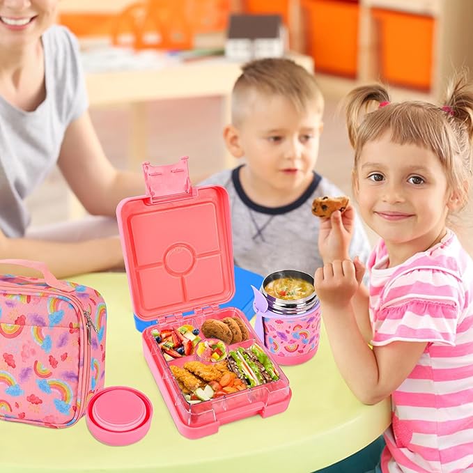 Bento Lunch Box Set With 10oz Soup Thermo, Leak-proof Lunch Containers with 4 Compartment, Kids Hot Thermo Food Jar/Insulation Lunch Bag, Food Containers for School（Rainbow）-CubbioJoy
