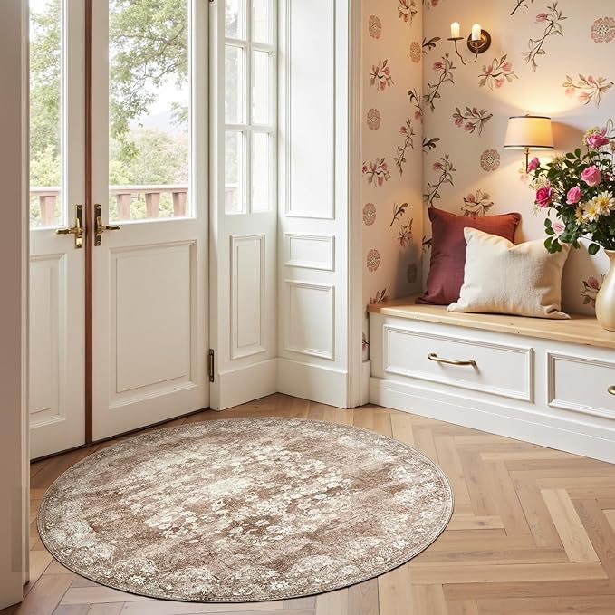 jinchan Round Rug 4ft Area Rug - Brown Vintage Floor Mat Kitchen Indoor - Washable Circle 4' Thin Floral Print Carpet Retro Farmhouse Non Slip Dining Room Living Room Bedroom Office-CubbioJoy