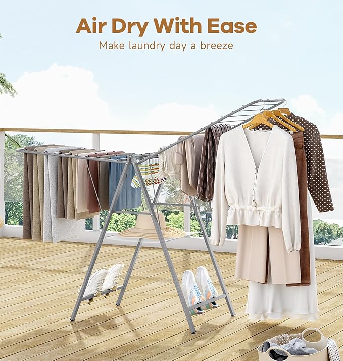 APEXCHASER Clothes Drying Rack Foldable, Metal Laundry Drying Rack Collapsible, Portable Compact Clothes Rack for Sweater Baby Clothes Towel Indoor & Outdoor, Height Adjustable Clothes Airer, Grey-CubbioJoy