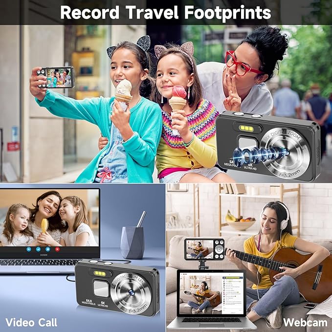 Digital Camera, Autofocus 4K 64MP Point and Shoot Digital Cameras for Teens with 64GB Card, 18X Zoom Anti-Shake Compact Video Camera for Student Kids Boys Girls Beginner - Black-CubbioJoy