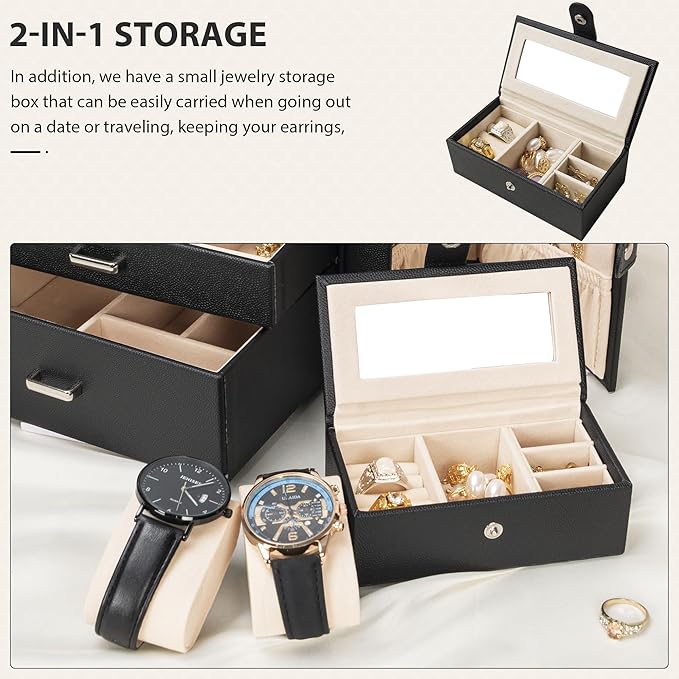 AKOZLIN 4-Tier Jewelry Box Lockable Leather Jewelry Storage Case Organizer with 3 Drawers for Women Girls Ring Necklace Earring Bracelet Watches Holder with Mirror-CubbioJoy