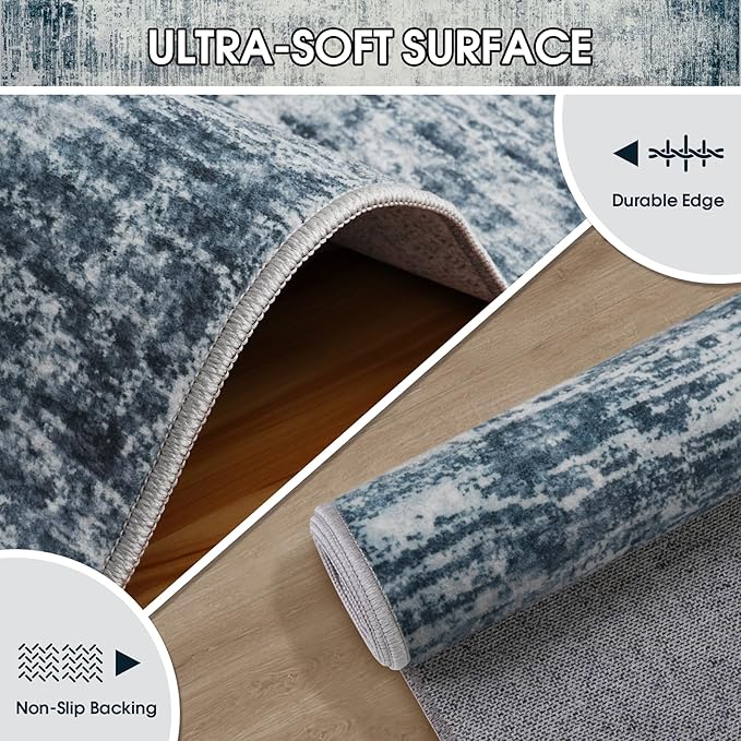 Area Rugs 8x10 Living Room Rugs: Modern Abstract Washable Rug with with Non-Slip Backing, Stain Resistant Indoor Floor Large Carpet for Bedroom Dining Room Table Nursery Hallway Home Office-Blue/Ivory-CubbioJoy